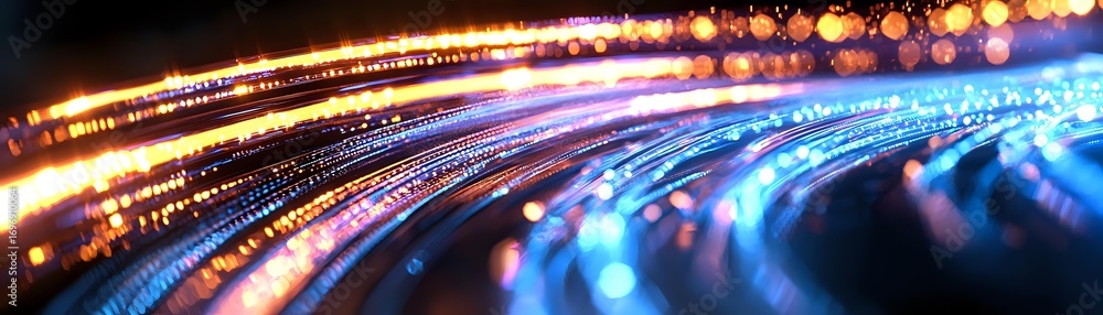 Poster glowing curved light trails in orange and blue colors create dynamic motion effect against dark back