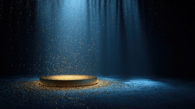 A golden podium sits center stage, illuminated by a bright blue spotlight. Golden confetti rains down from above, sparkling against the dark background and dusting the floor and. - Powered by Adobe