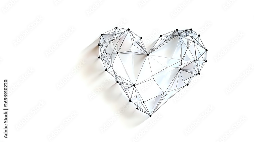 Poster geometric heart shape formed by connected dots and lines creating modern network pattern on white ba