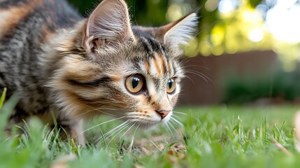 Curious Maine Coon cat with long fluffy fur crouching in green grass during summer, focused hunting pose with alert expression and bright amber eyes.