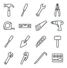 Naklejka premium Tools linear icon set. featuring hammer, screwdriver, wrench, pliers, tape measure, level, saw, drill.