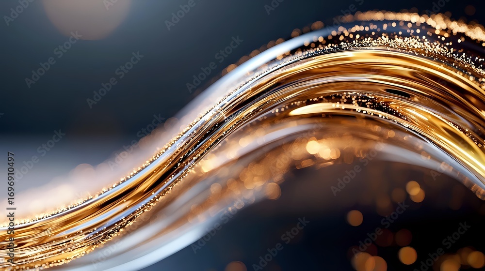 Poster luxurious golden wave with glittering sparkles flows on dark background, creating elegant abstract d