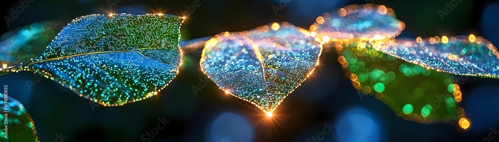 Poster glowing transparent skeleton leaves with water drops illuminated by colorful bokeh lights creating m