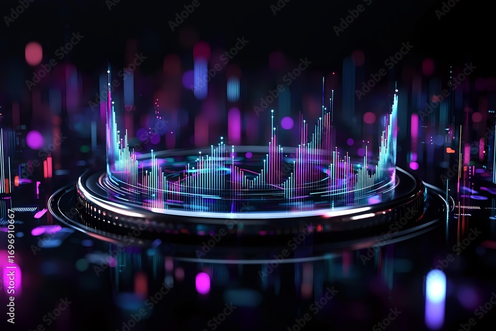 Poster futuristic audio visualization with glowing neon blue and purple equalizer bars on circular platform