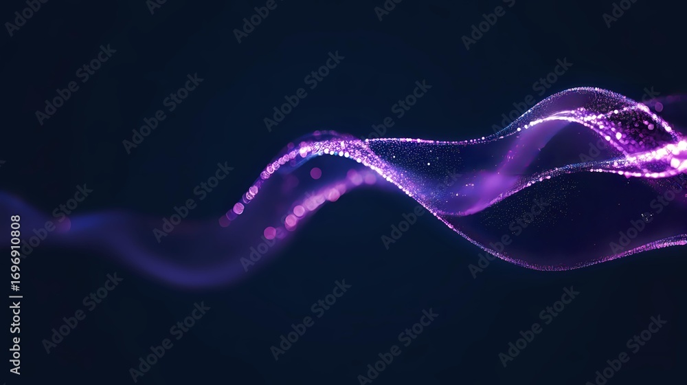 Poster glowing purple wave particles flowing on dark background, abstract digital light effect with sparkle