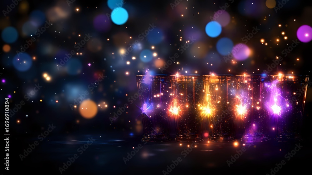 Poster glowing magical lights with colorful bokeh effect against dark background, creating dreamy atmospher