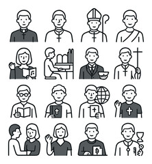 Religion and clergy linear icon set. featuring priest, nun, bishop, preacher, bible, service, sermon, and worship symbols