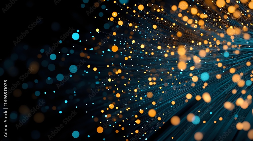 Poster glowing orange and blue bokeh lights with connecting lines create magical particle effect against da