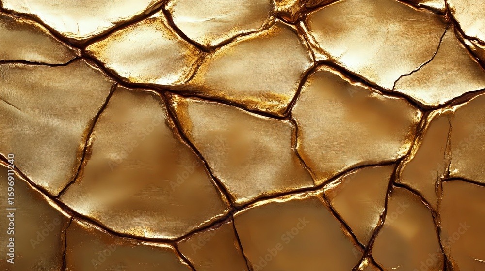 Poster cracked golden surface with deep fissures creating abstract geometric pattern. metallic texture back