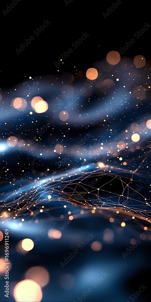 Poster abstract network visualization with glowing connections and bokeh lights on dark blue background, fe
