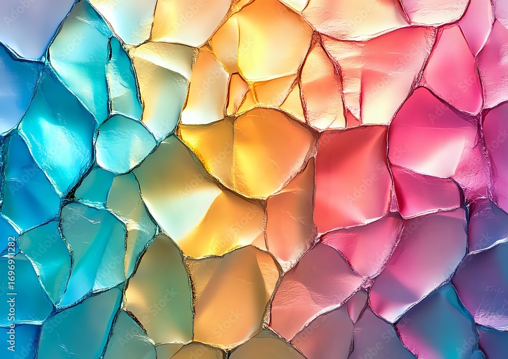 Poster colorful torn paper pieces arranged in rainbow gradient pattern from blue to pink creating abstract 