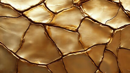 Cracked golden surface with deep fissures creating abstract geometric pattern. Metallic texture background with rich bronze tones and dramatic lighting effects.