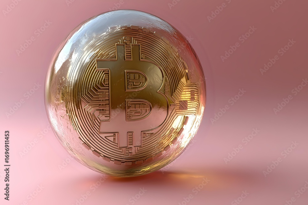 Poster golden cryptocurrency bitcoin symbol in transparent glass bubble sphere on pink background with soft