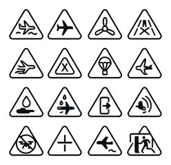 Airport safety linear icon set. featuring airplane, propeller, parachute, water landing, and emergency exit symbols