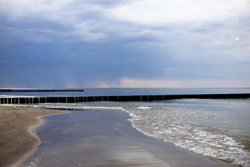 morze, woda, Bałtyk, plaża, zachód, chmury, 