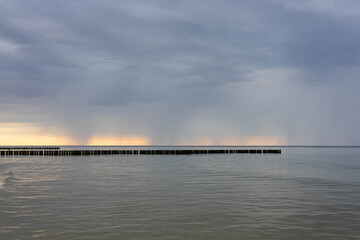 morze, woda, Bałtyk, plaża, zachód, chmury, 