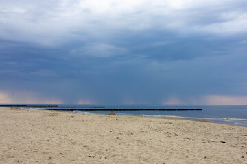 morze, woda, Bałtyk, plaża, zachód, chmury, 