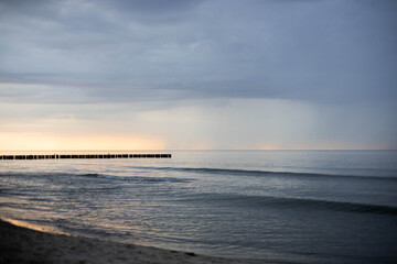 morze, woda, Bałtyk, plaża, zachód, chmury, 