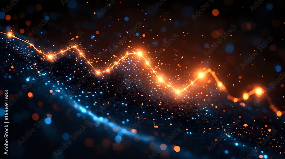Poster glowing orange and blue light trails with sparkles on dark background create dynamic energy flow eff