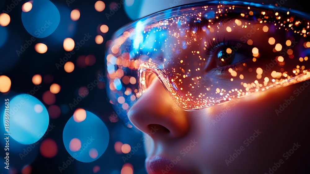 Aufkleber futuristic glowing glasses with sparkles and bokeh lights on dark background create magical atmosphe
