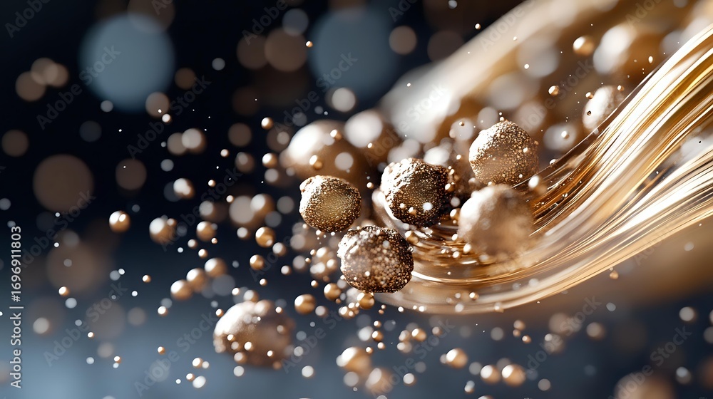 Poster golden liquid wave with floating spherical droplets and bokeh effect creates luxurious abstract back