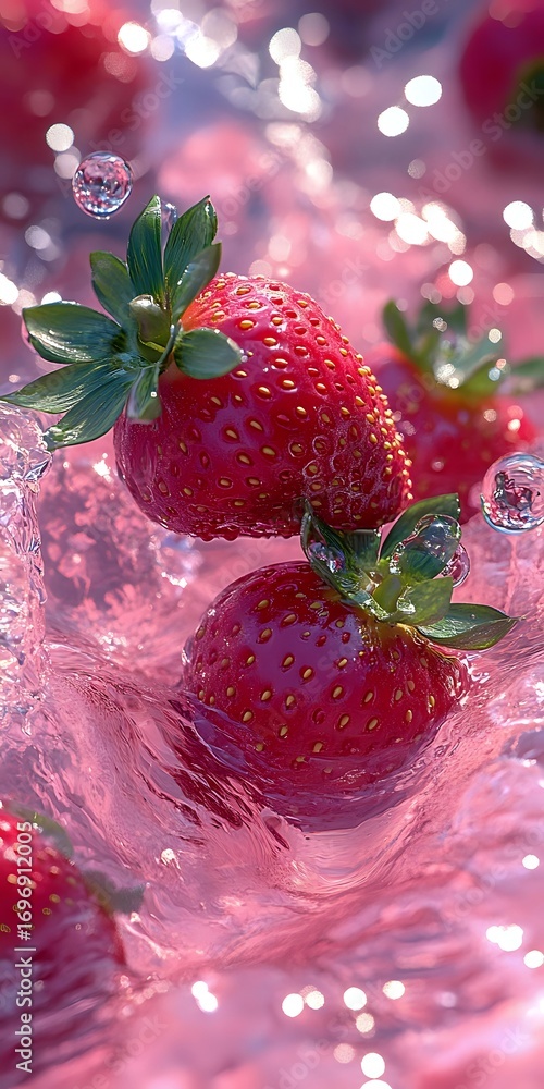 Poster fresh ripe strawberries splashing in pink water with bokeh light effects and water drops, creating d