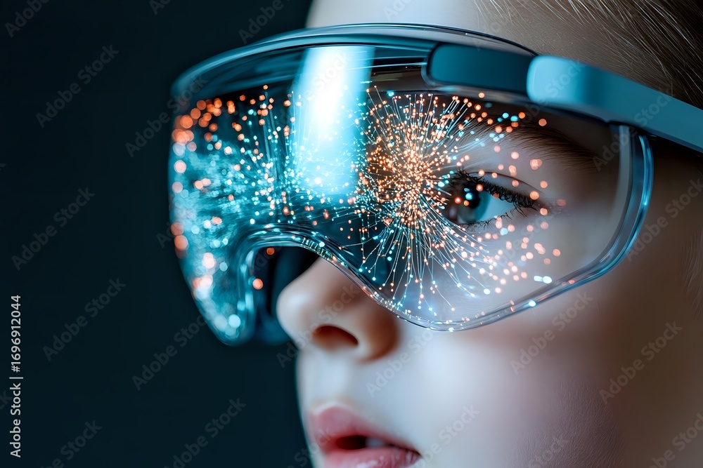 Poster futuristic protective eyewear with glowing digital network reflections and sparkles against dark bac