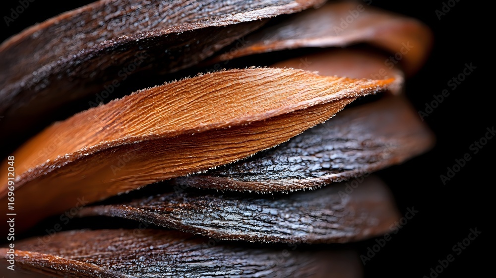Poster macro shot of dark brown and copper colored pine cone scales creating abstract layered pattern with 