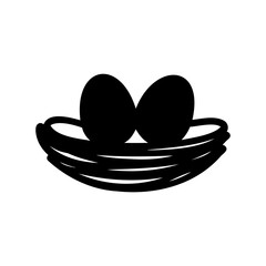 Black and white image of a bird's nest holding two eggs