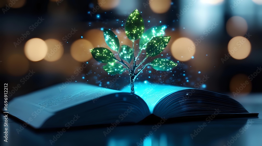 Poster magical glowing green tree growing from open book pages with sparkles and bokeh lights in dark backg