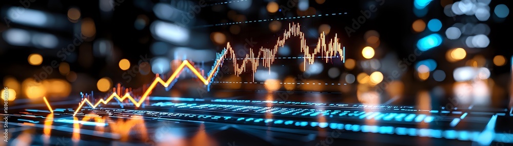 Poster financial market data visualization with glowing stock chart lines and graphs on dark background sho