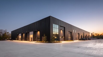 Obraz premium A modern, dark corrugated metal warehouse with multiple large roll-up doors and expansive windows dominates the scene. It is situated on a vast, reflective concrete expanse under a.