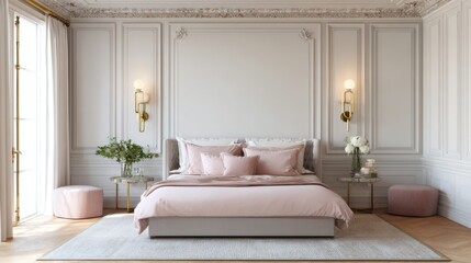 modern parisian eclectic bedroom full view, classic ceiling moldings, blush pink bedding, brass sconces, low upholstered headboard, soft ambient light