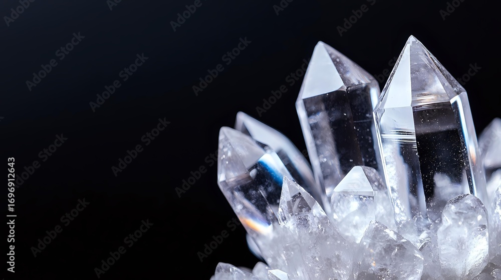 Poster clear quartz crystal cluster with sharp points and facets against dark background, showcasing natura