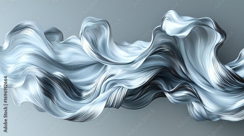 Poster flowing abstract waves in light blue and gray tones create dynamic movement against dark background,