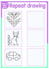 Educational game for kids. Simple exercise.  Drawing using grid. Symmetrical drawing. Vector illustration.