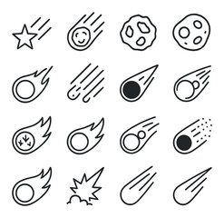 Space elements linear icon set. featuring comet, meteor, asteroid, shooting star, impact, and celestial bodies.