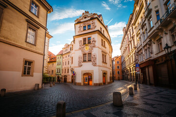 Gorgeous views of the narrow Karlova street in the historic center of Prague in sunlight. Location place Prague, Czech Republic, Europe.
