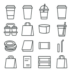 Food and drink silhouette icon set. featuring cup, straw, bag, box, receipt, and wrapper designs
