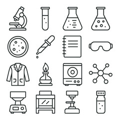 Science lab linear icon set. featuring microscope, test tube, beaker, petri dish, pipette, goggles, and bunsen burner