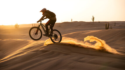 Obraz premium Cyclist jumping over sand dune in desert at sunset