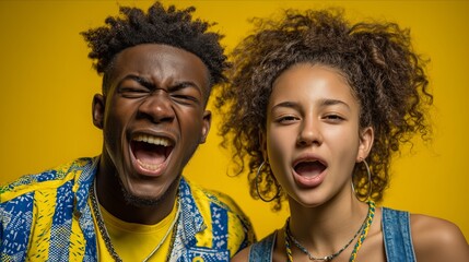 Two young friends express joy and excitement against a vibrant yellow backdrop, showcasing vibrant youth culture.