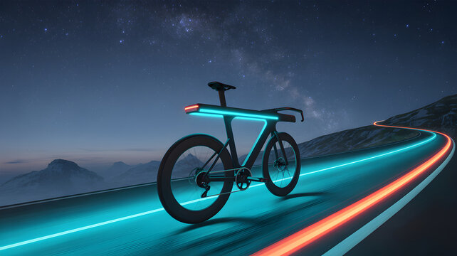 Futuristic bicycle illuminating winding mountain road at night