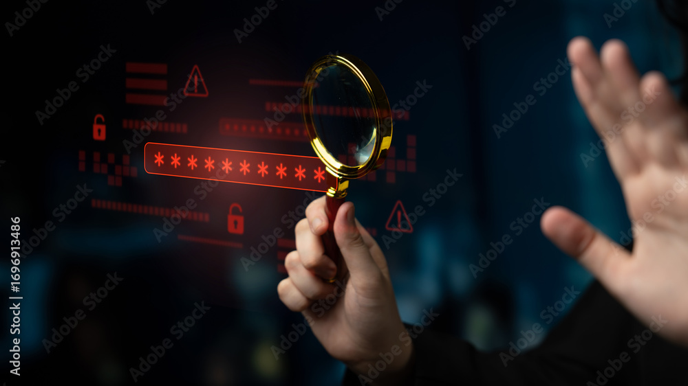 Poster password security breach warning with red asterisk box, cybersecurity alert, lock icons, and critica