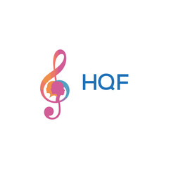 HQF “Colorful music logo with human faces and treble clef design” HQF Later Logo, “Creative music academy logo with silhouette heads and notes” 
