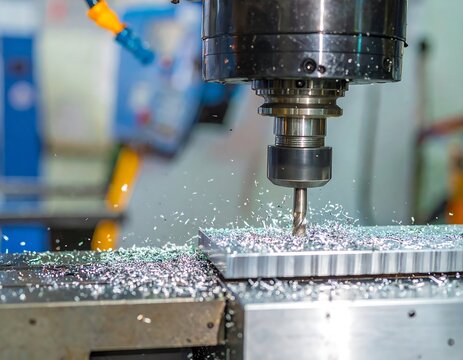 A precision metalworking machine drills a metal plate, creating a shower of fine chips.