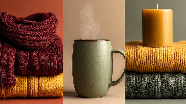 Textured Woolen Yarn Cylinders Arranged for Winter Wellness &ndash; Tactile Composition Embracing Sustainable Craft in Cozy Digital Aesthetics