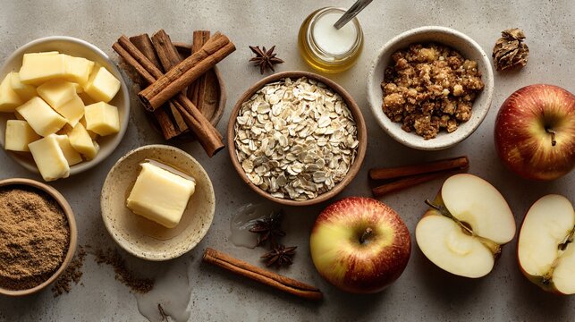 A flat lay of all ingredients for apple crumble sliced apples, oats, cinnamon, butter with copy space