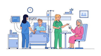 Hospital Care Illustration: A patient receives attentive care from dedicated nurses and support from a visiting family member in a sterile medical environment.