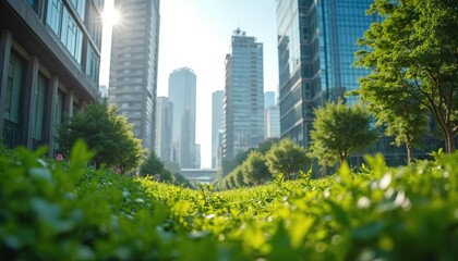 Vibrant urban plants thrives amidst modern skyscrapers in city landscape. Plants, trees border sleek buildings, sustainable development, future growth. Scene blends nature, technology in business